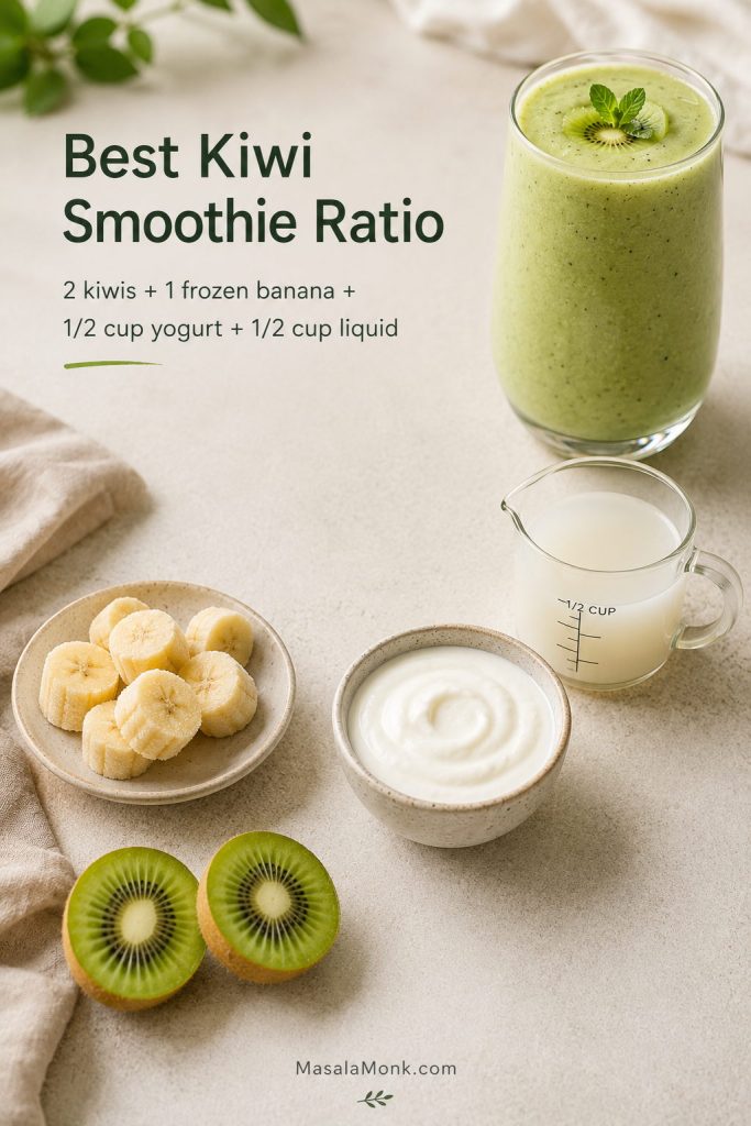 Kiwi smoothie ratio guide with kiwis, frozen banana, yogurt, liquid, and a finished smoothie