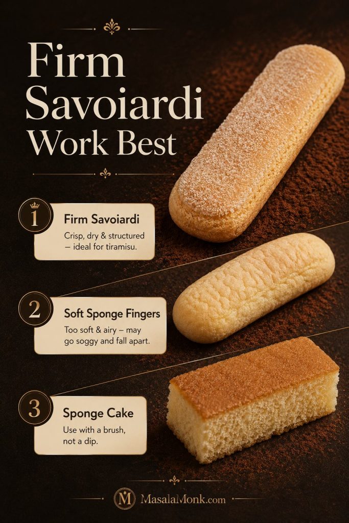 Ladyfinger comparison for tiramisu showing firm savoiardi, soft sponge fingers, and sponge cake.