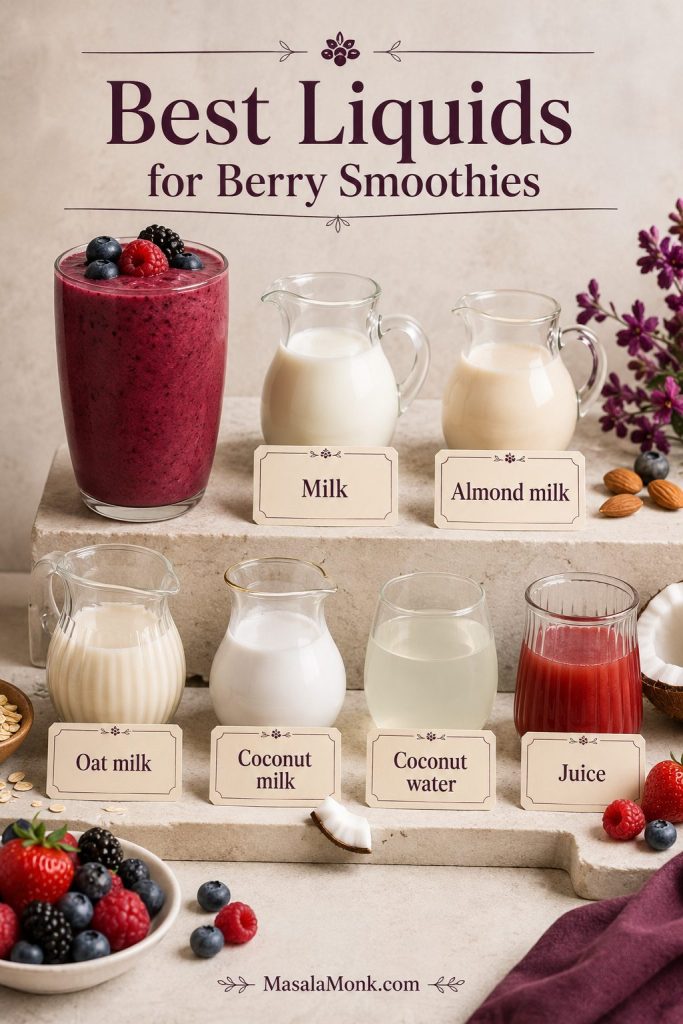 Liquid chooser guide for berry smoothies showing milk, almond milk, oat milk, coconut milk, coconut water, and juice.