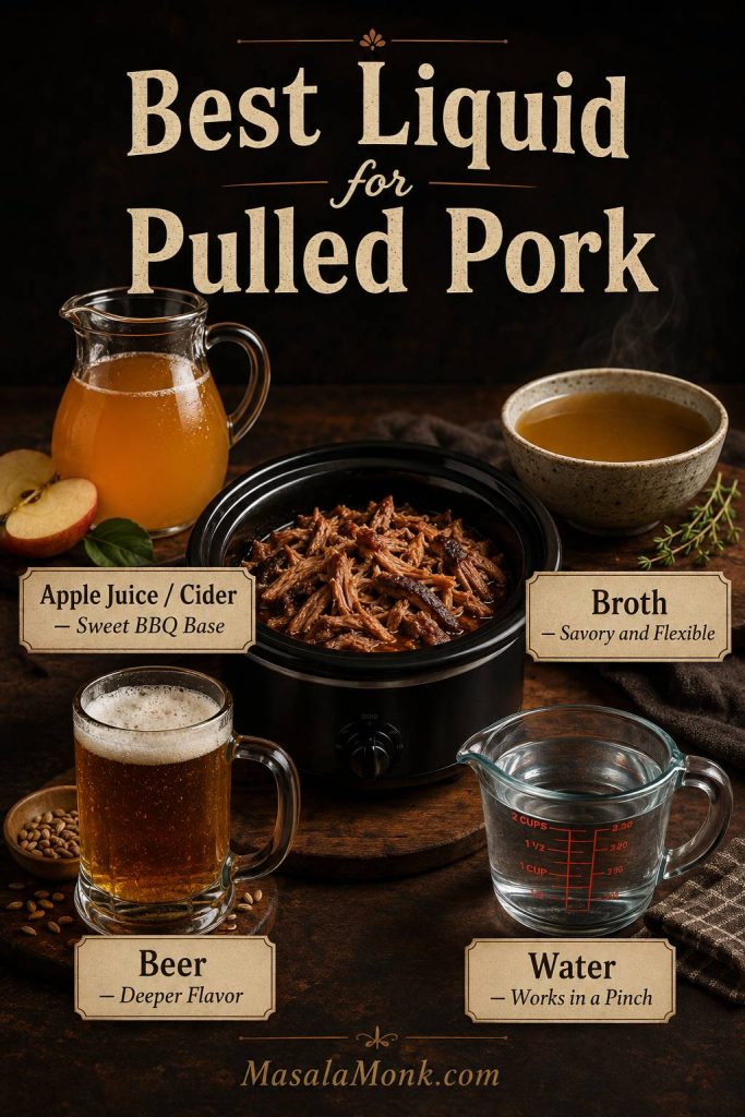 Guide to cooking liquids for pulled pork showing apple juice or cider, broth, beer, and water around a slow cooker pork setup.