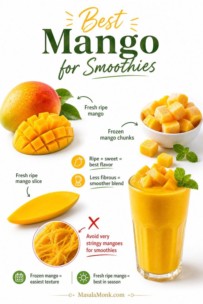 Guide to choosing mango for smoothies, showing ripe mango, frozen mango chunks, smoothie texture, and stringy mango to avoid.