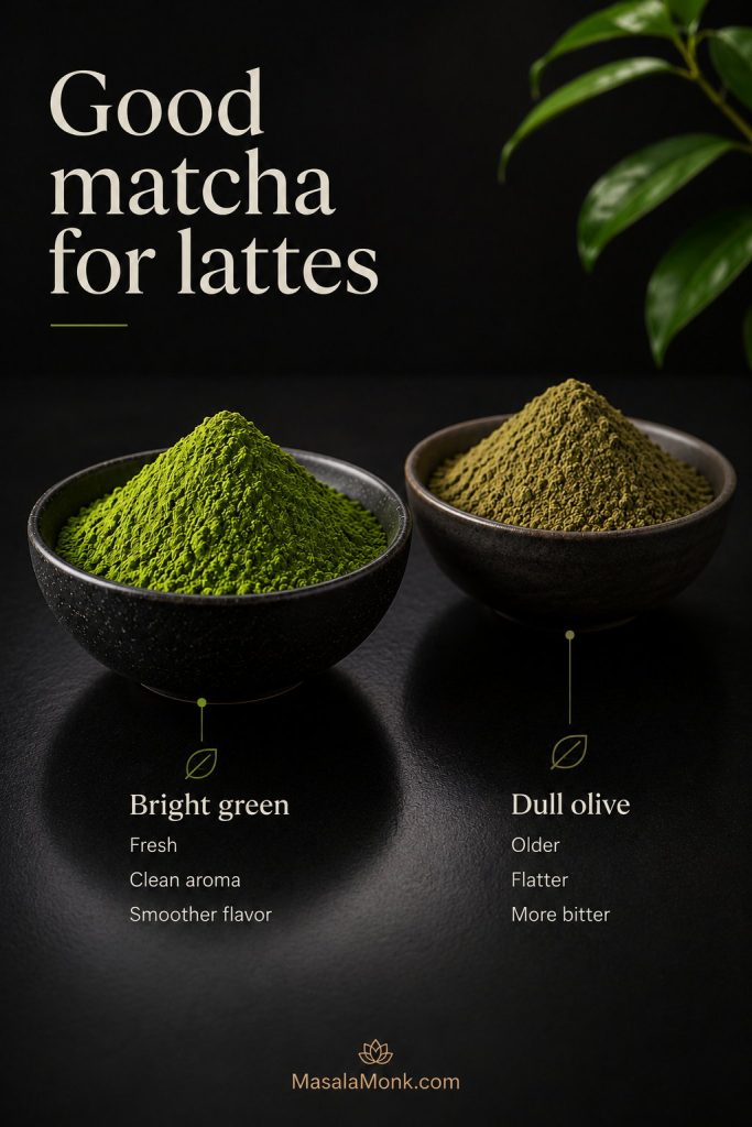 Bright green matcha powder compared with dull olive matcha powder for making lattes.