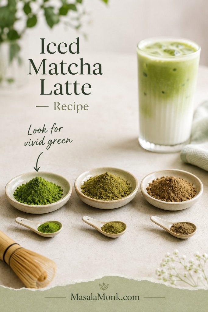 Three matcha powder samples comparing vivid green, dull olive, and brownish matcha