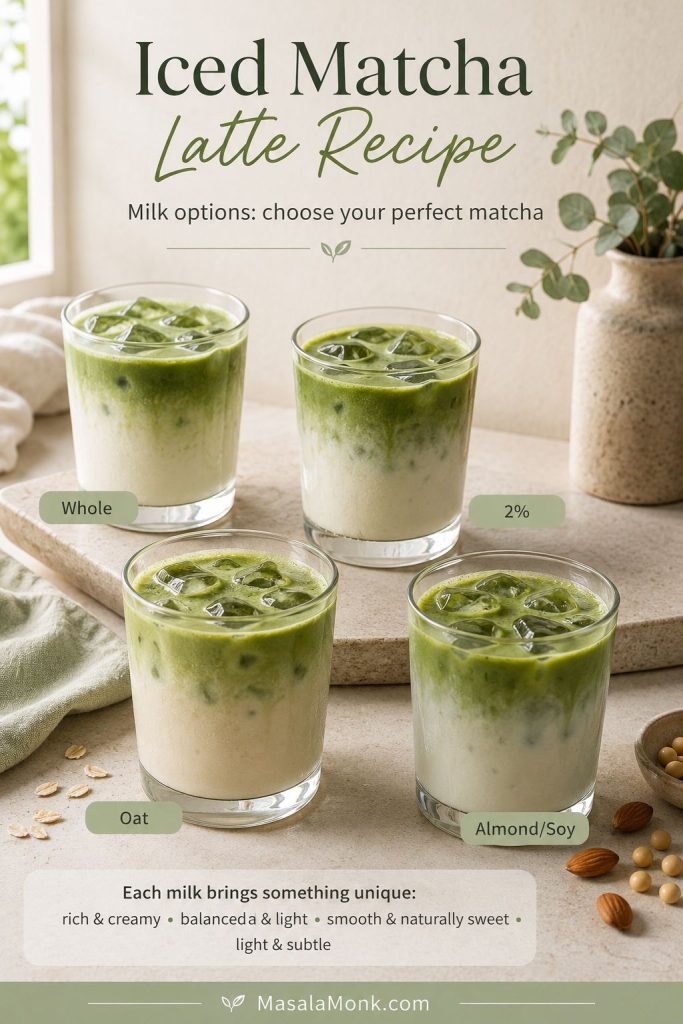 Four iced matcha latte glasses comparing whole milk, two percent milk, oat milk, and almond or soy milk