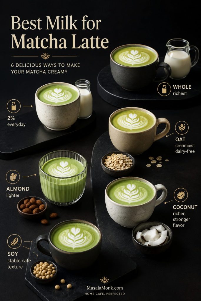 Best milk for matcha latte comparison with whole milk, 2 percent milk, oat milk, almond milk, coconut milk, and soy milk.