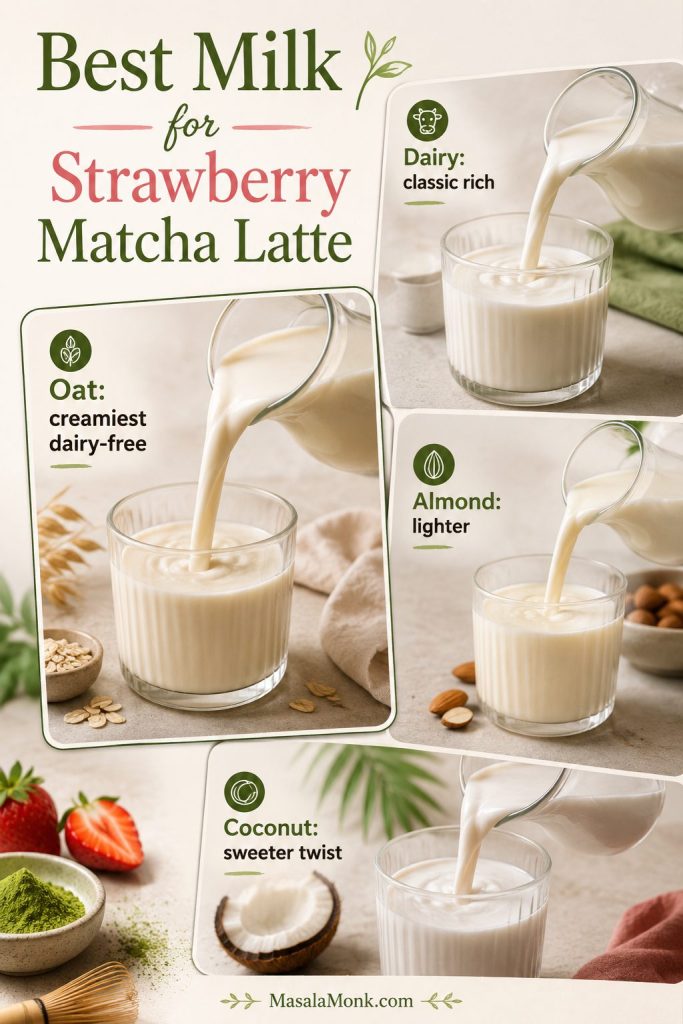 Milk comparison for strawberry matcha latte with dairy milk, oat milk, almond milk, and coconut milk options.