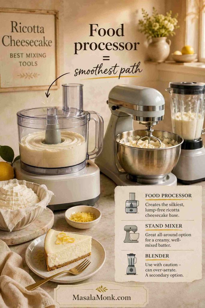 Food processor, stand mixer, and blender shown as mixing tools for ricotta cheesecake batter