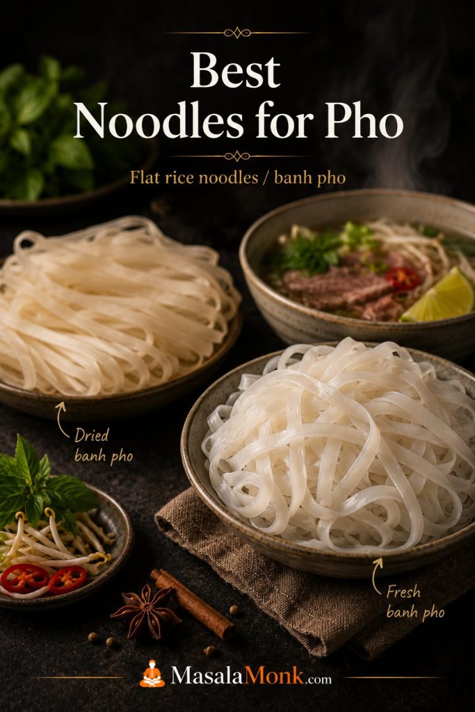 Dried and fresh banh pho flat rice noodles arranged with herbs, lime, sprouts, and chili.