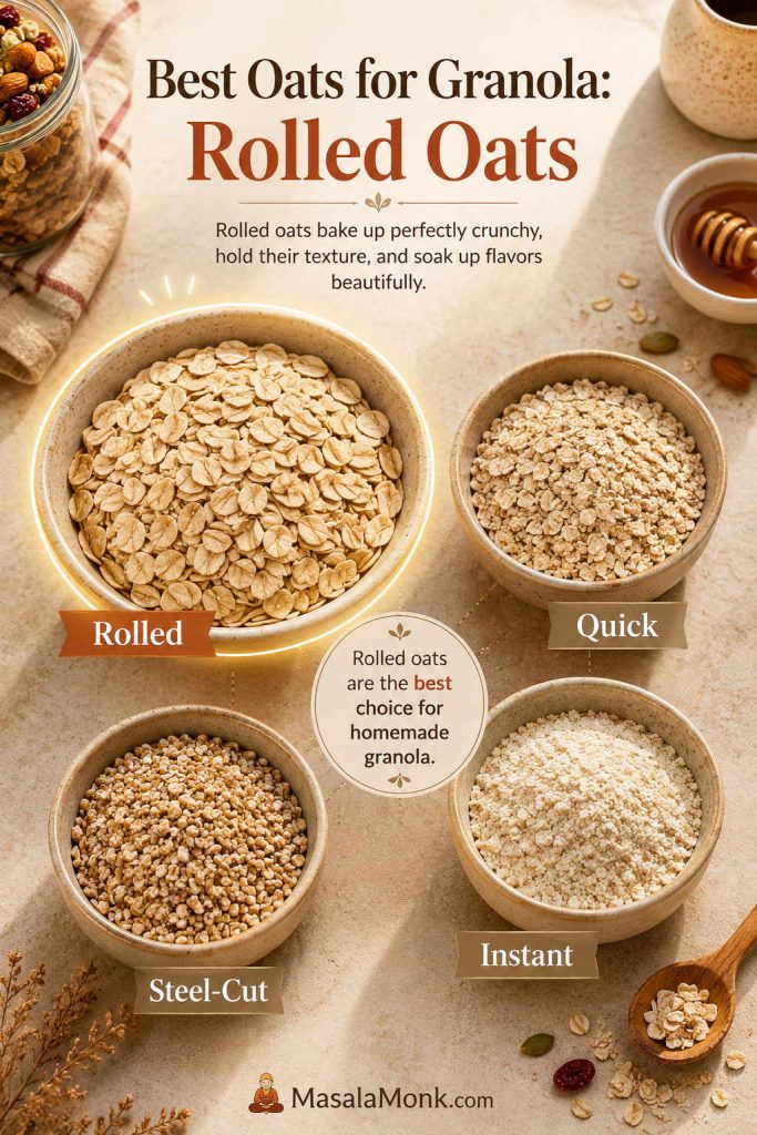 Oat comparison guide showing rolled oats, quick oats, instant oats, and steel-cut oats for choosing the best oats for granola.