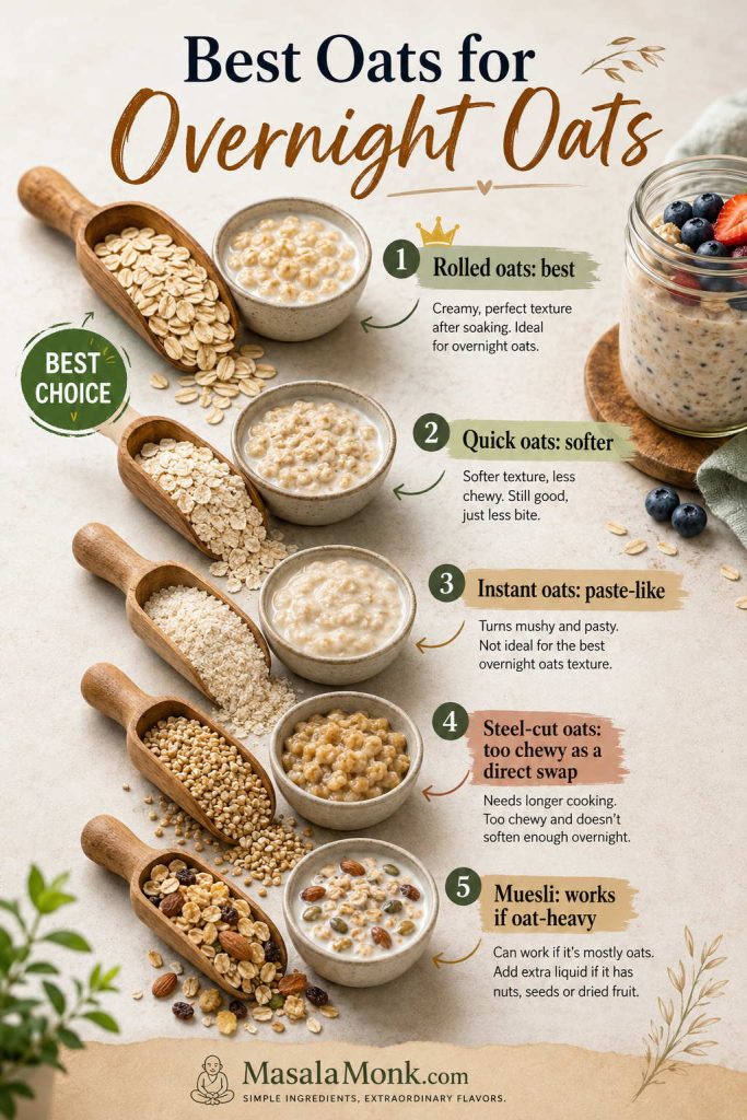 Guide to rolled oats, quick oats, instant oats, steel-cut oats, and muesli for making overnight oats.