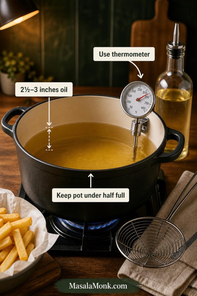 Deep pot with frying oil, thermometer, and oil-depth labels for making battered fries safely.