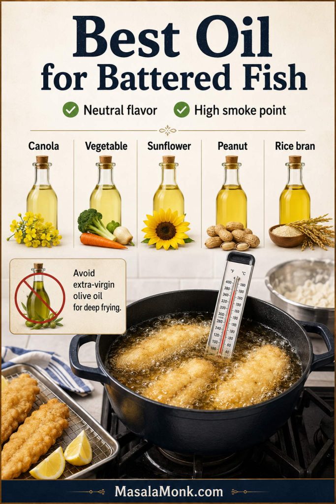 Best oil for battered fish guide showing canola, vegetable, sunflower, peanut, and rice bran oils with a frying pot and thermometer