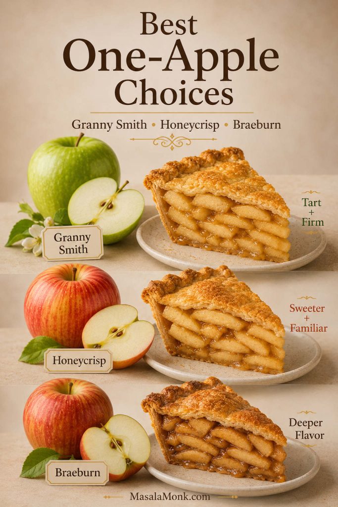 A one-apple choice guide for apple pie showing Granny Smith, Honeycrisp, and Braeburn as single-variety options.