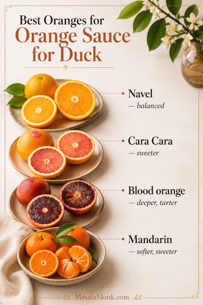 Navel, Cara Cara, blood orange, and mandarin oranges for making orange sauce for duck