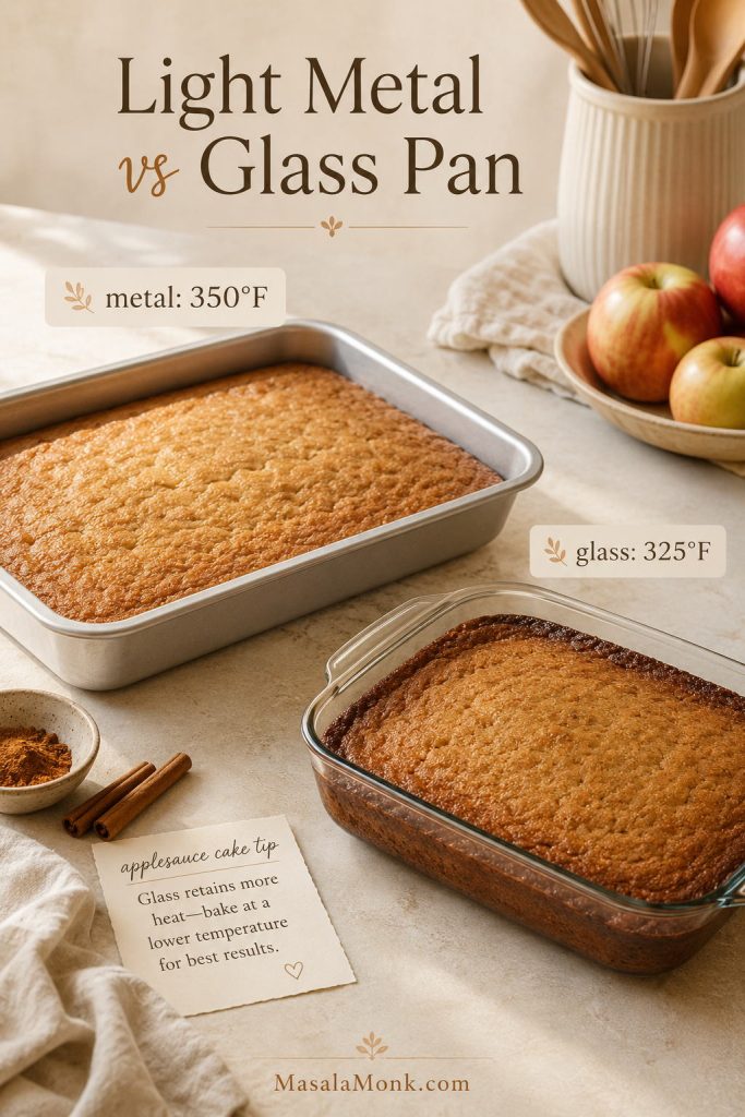 Light metal and glass baking pans compared for applesauce cake, with temperature cues for baking in each pan.