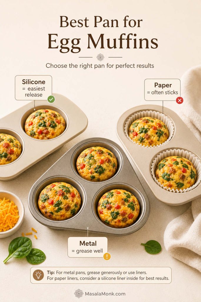 Pan comparison for egg muffins showing silicone muffin pan, metal muffin tin, and paper liners.
