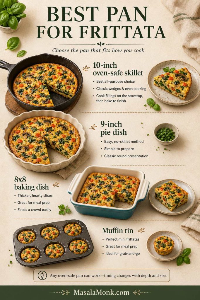 Frittata pan guide showing a 10-inch skillet, 9-inch pie dish, 8x8 baking dish, and muffin tin.