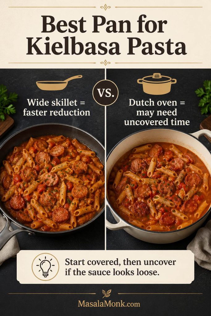 Comparison board showing a wide skillet for faster reduction and a Dutch oven that may need uncovered time.