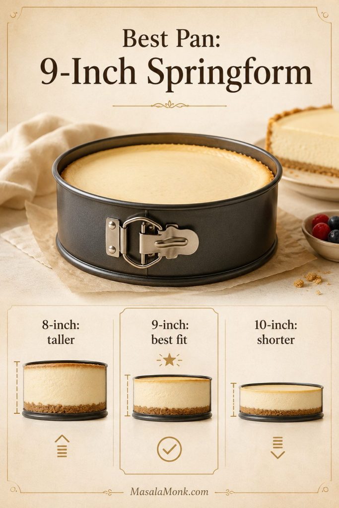 Pan size guide comparing 8-inch, 9-inch, and 10-inch springform pans for New York cheesecake.