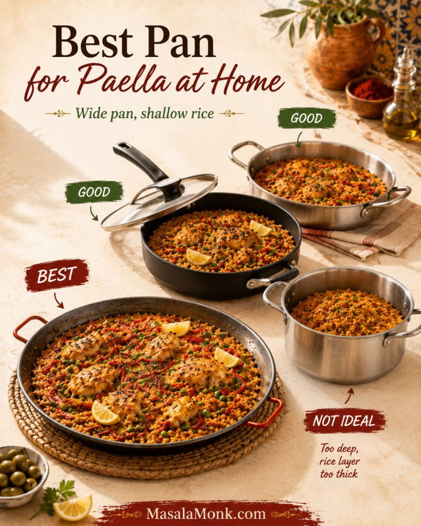 Best pan for paella at home guide with a paella pan, wide skillet, wide sauté pan and deep saucepan showing shallow and deep rice layers.