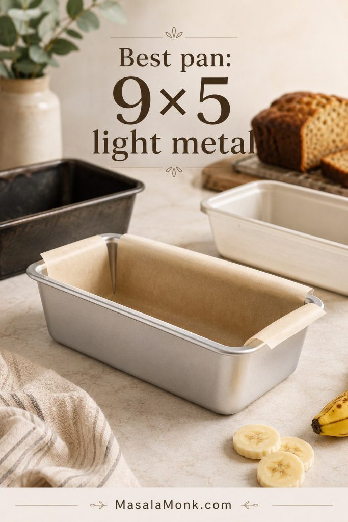 Light metal 9×5 loaf pan lined with parchment beside other loaf pans and the text “Best pan: 9×5 light metal.”