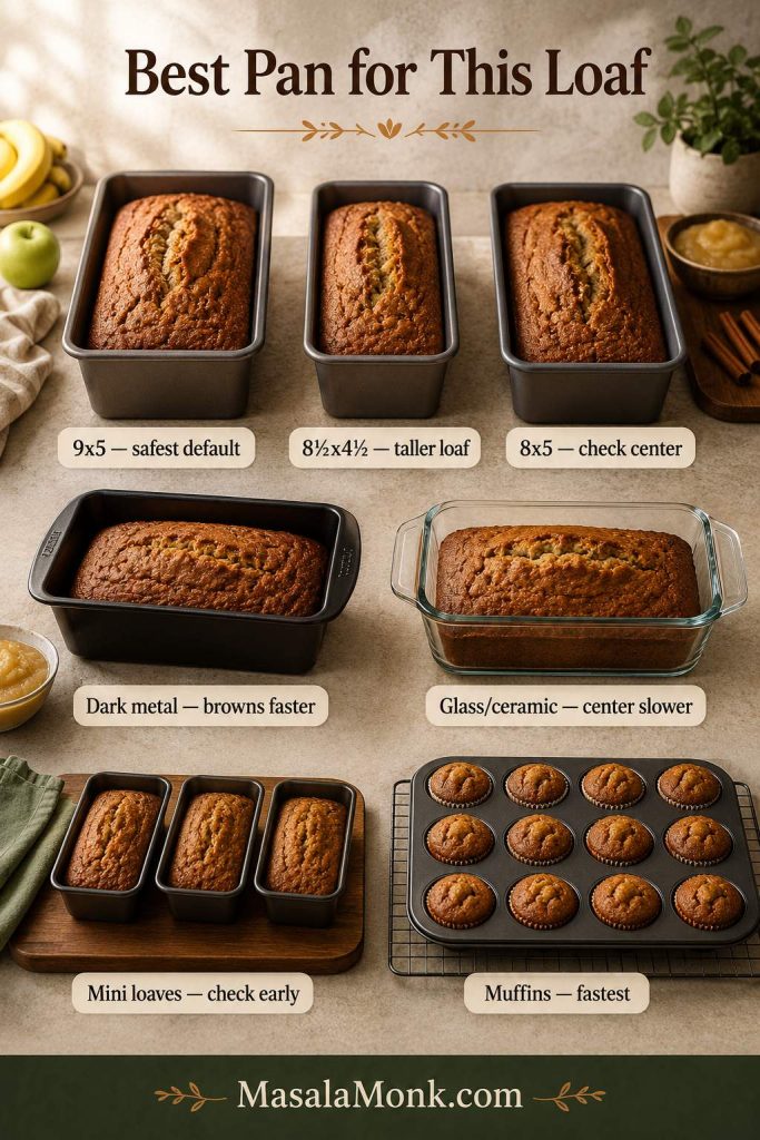 Pan size and pan type guide for banana bread with applesauce, including loaf pans, dark metal, glass, mini loaves, and muffin tin.