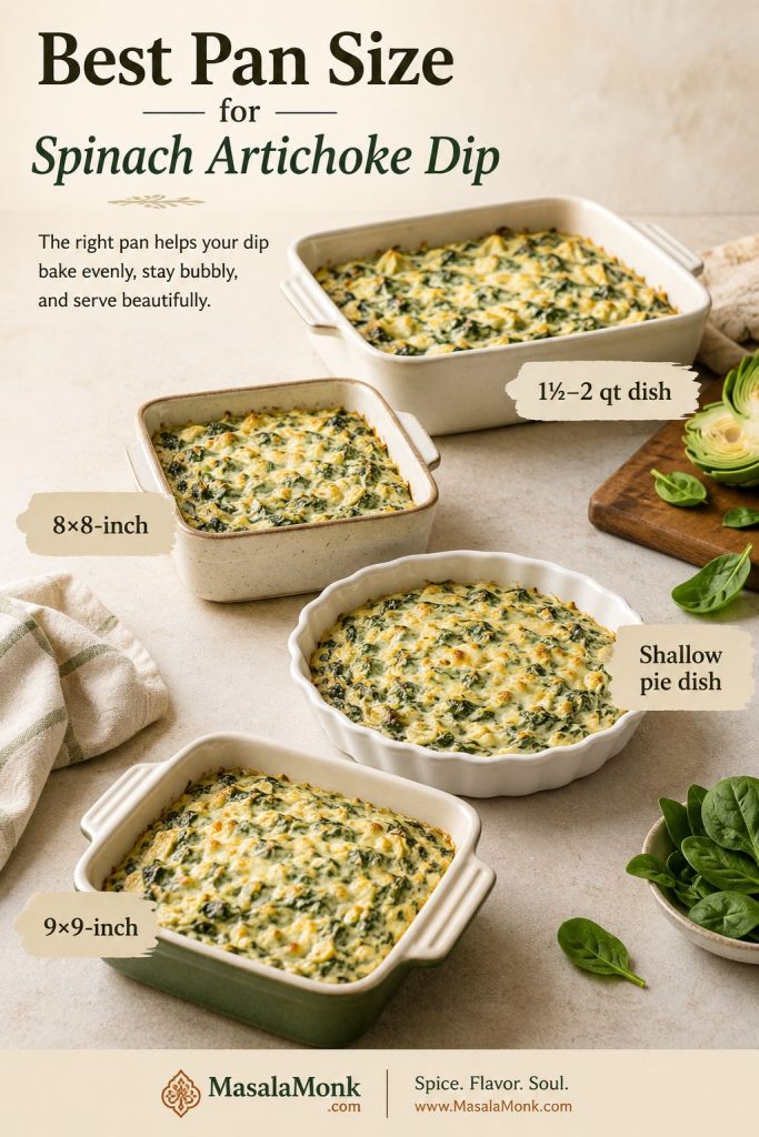 Pan size guide showing different baking dishes, including a 1½ to 2 quart dish, 8x8-inch dish, shallow pie dish, and 9x9-inch dish.
