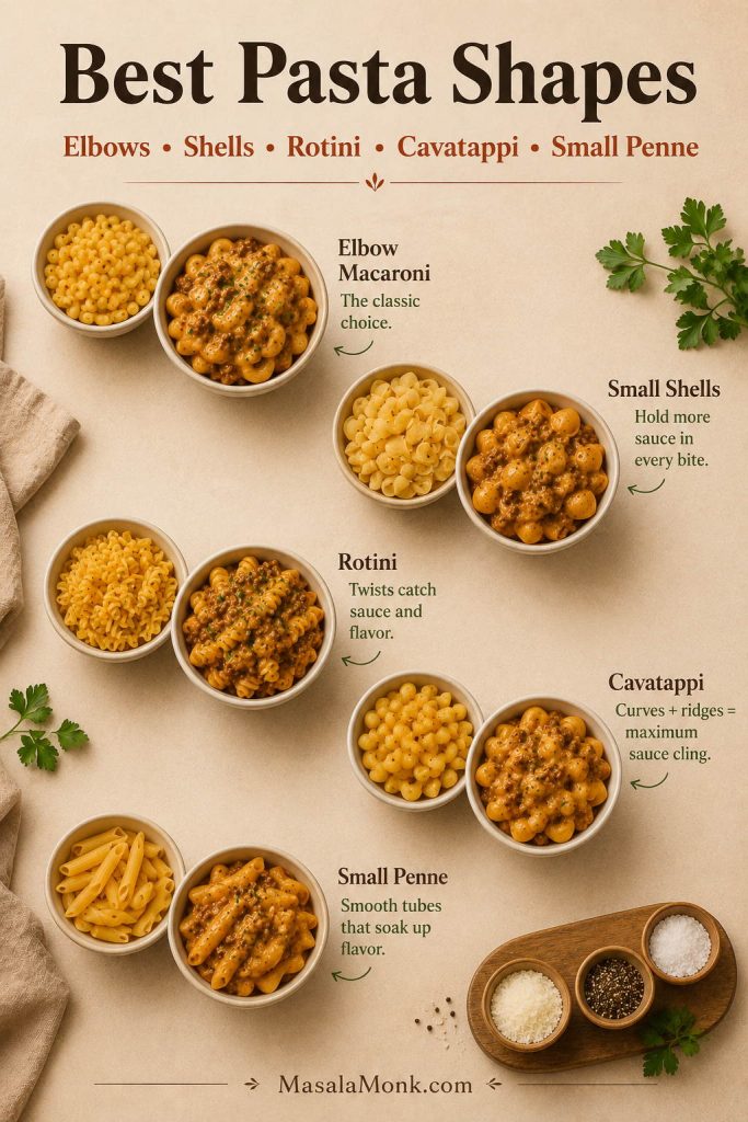 Best pasta shapes for homemade Hamburger Helper including elbow macaroni, small shells, rotini, cavatappi, and small penne.