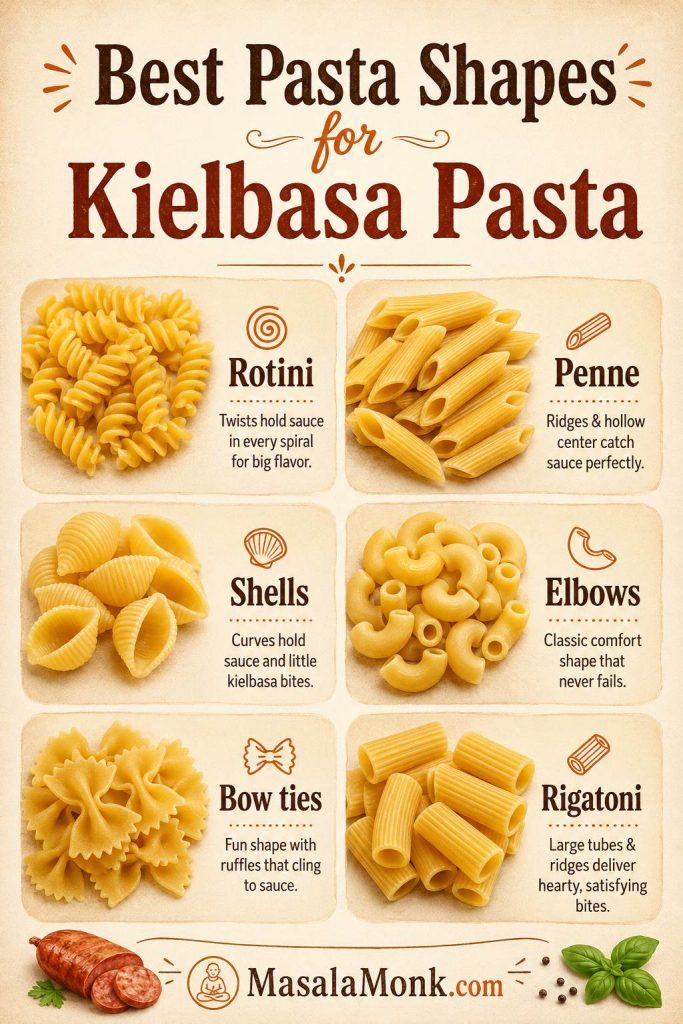 Pasta shape guide showing rotini, penne, shells, elbows, bow ties, and rigatoni for kielbasa pasta.