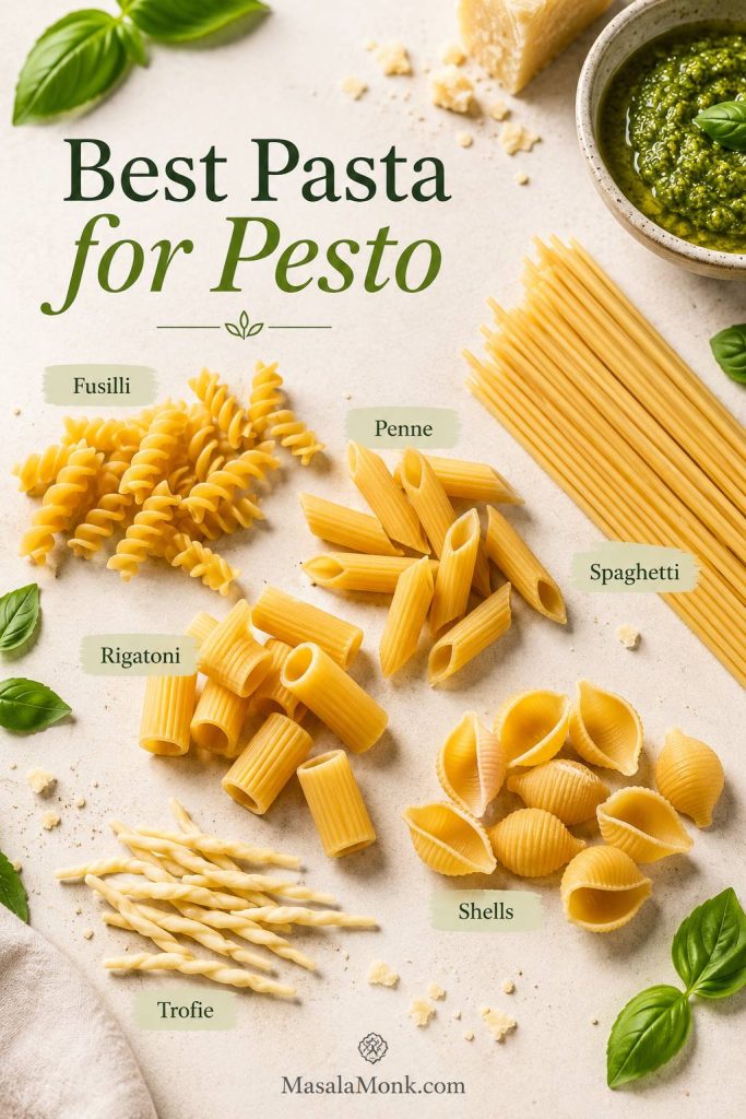 Different pasta shapes for pesto including fusilli, penne, spaghetti, rigatoni, shells and trofie