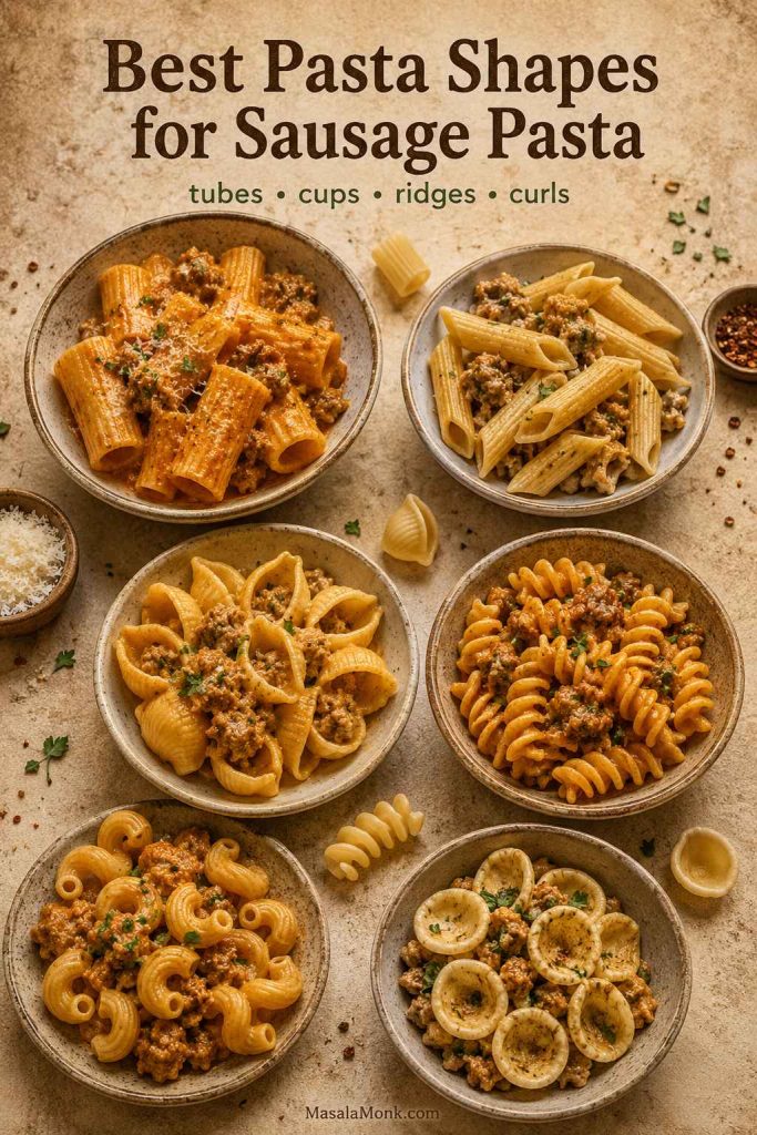 Pasta shape guide for sausage pasta with rigatoni, penne, shells, fusilli, cavatappi, and orecchiette.