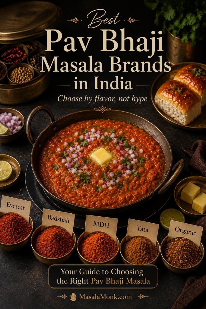 Pav bhaji pan surrounded by neutral labeled spice bowls and packet silhouettes for Everest, Badshah, MDH, Tata, and organic masala options.