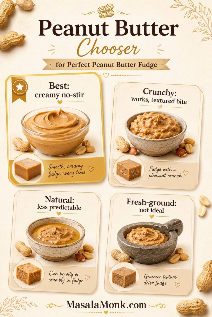 Peanut butter comparison board showing creamy no-stir, crunchy, natural, and fresh-ground peanut butter for fudge.