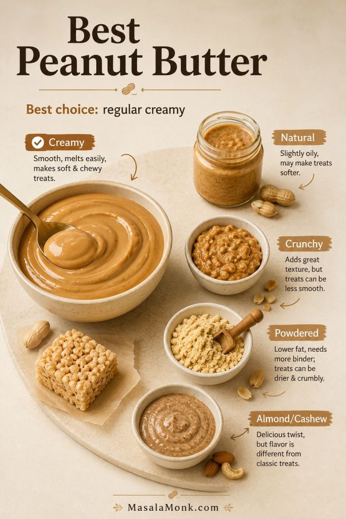 Peanut butter chooser board showing creamy, natural, crunchy, powdered, and almond or cashew butter options.