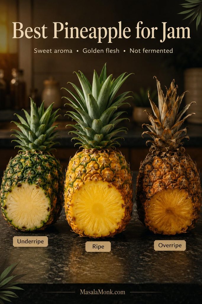 Pineapple selection guide comparing underripe, ripe, and overripe pineapple for jam making