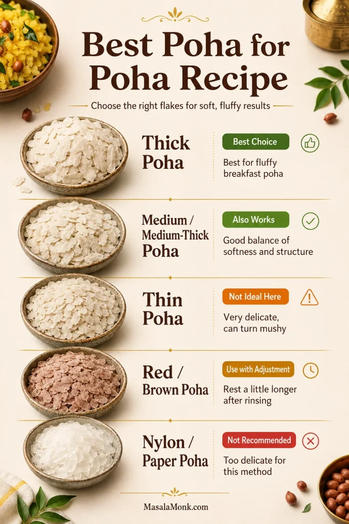 Guide showing thick, medium, red, thin, and nylon poha flakes with recommendations for breakfast poha.