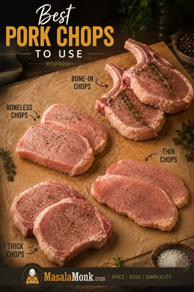 Different pork chop cuts on butcher paper, including bone-in chops, boneless chops, thin chops, and thick chops.
