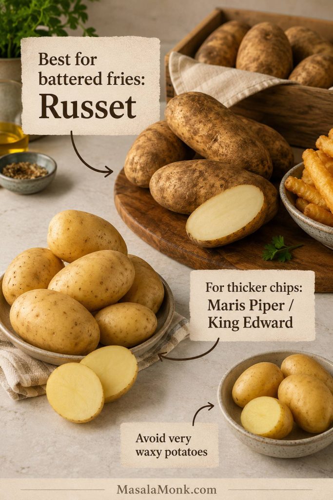 Potato guide showing russet potatoes for battered fries and Maris Piper or King Edward potatoes for thicker chips.