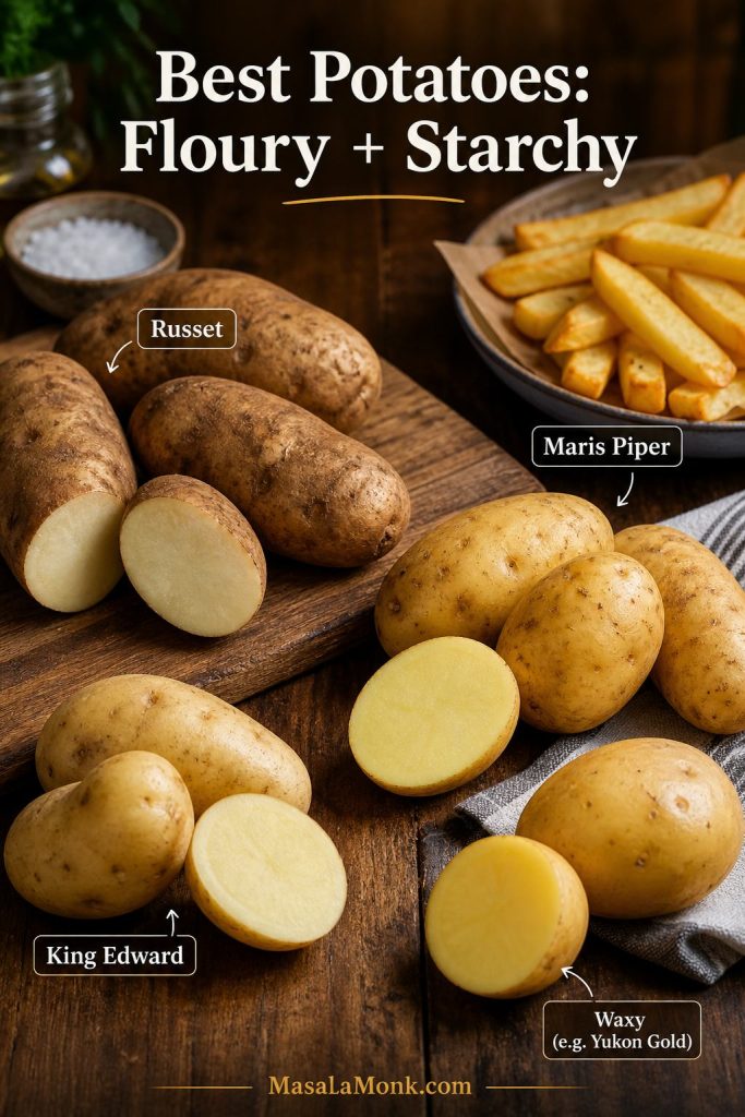 Comparison of potatoes for fish and chips, including floury or starchy potatoes and waxy potatoes.
