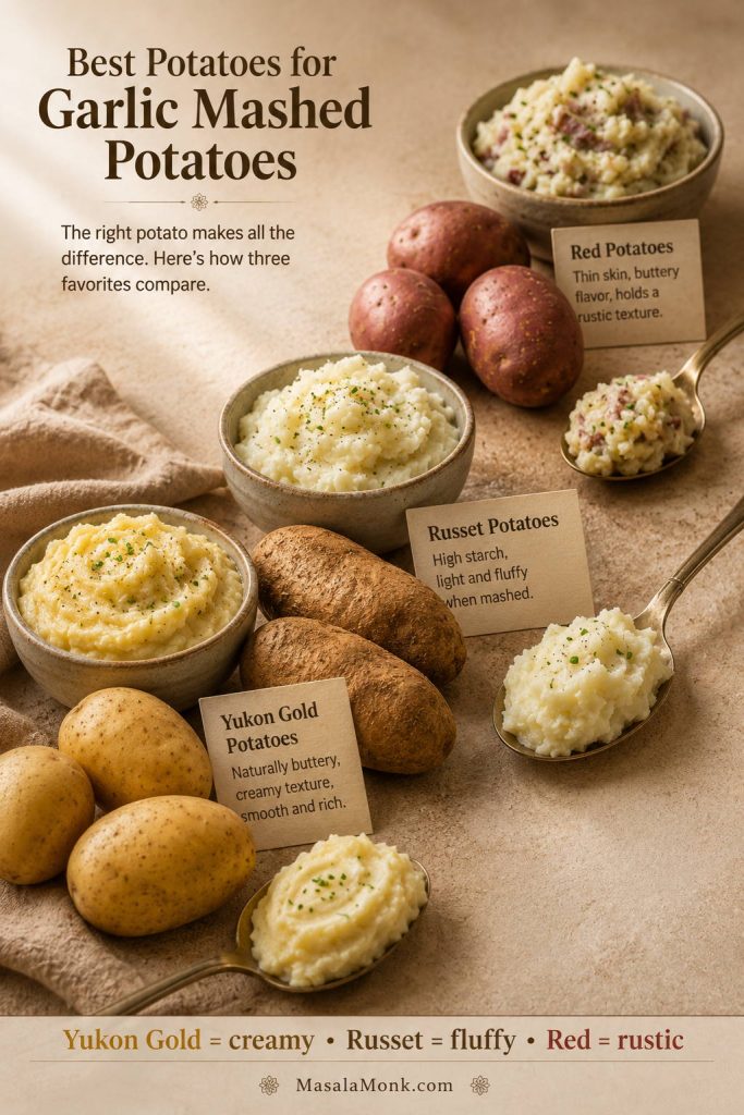 Yukon Gold, russet, and red potatoes shown with different mashed potato textures.