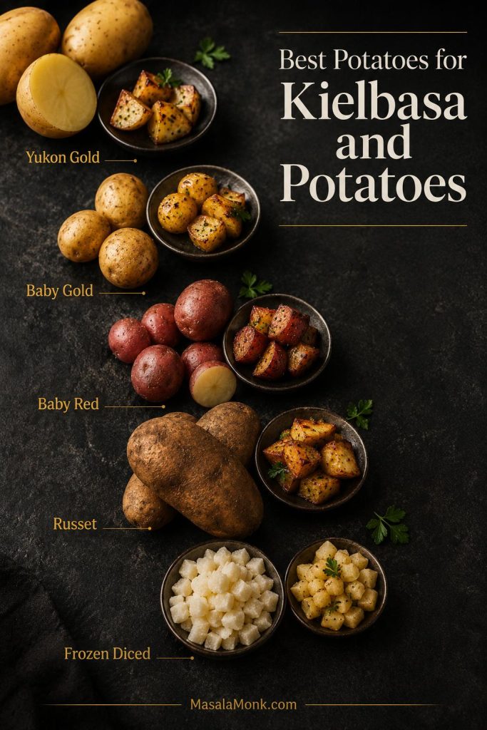 Potato guide showing Yukon Gold, baby gold, baby red, russet, and frozen diced potatoes.