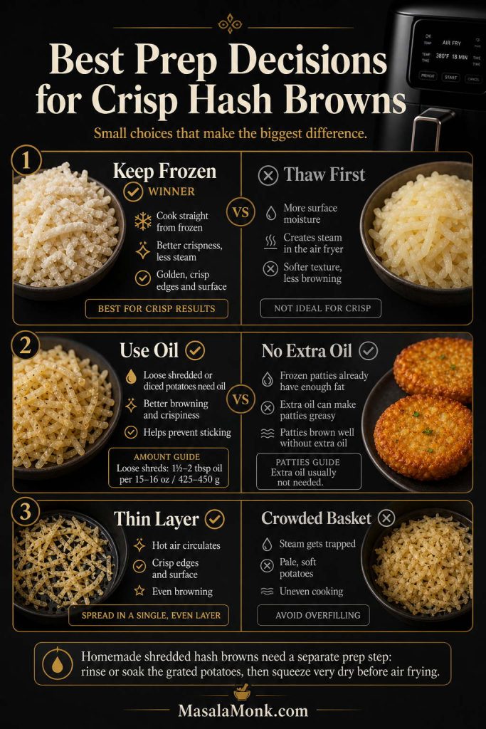 Prep decision infographic for crisp air fryer hash browns comparing keep frozen versus thaw first, use oil versus no extra oil, and thin layer versus crowded basket, with a homemade shredded potato note at the bottom.