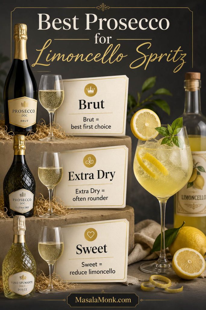 Prosecco chooser graphic for limoncello spritz showing brut, extra dry, and sweet sparkling wine options.