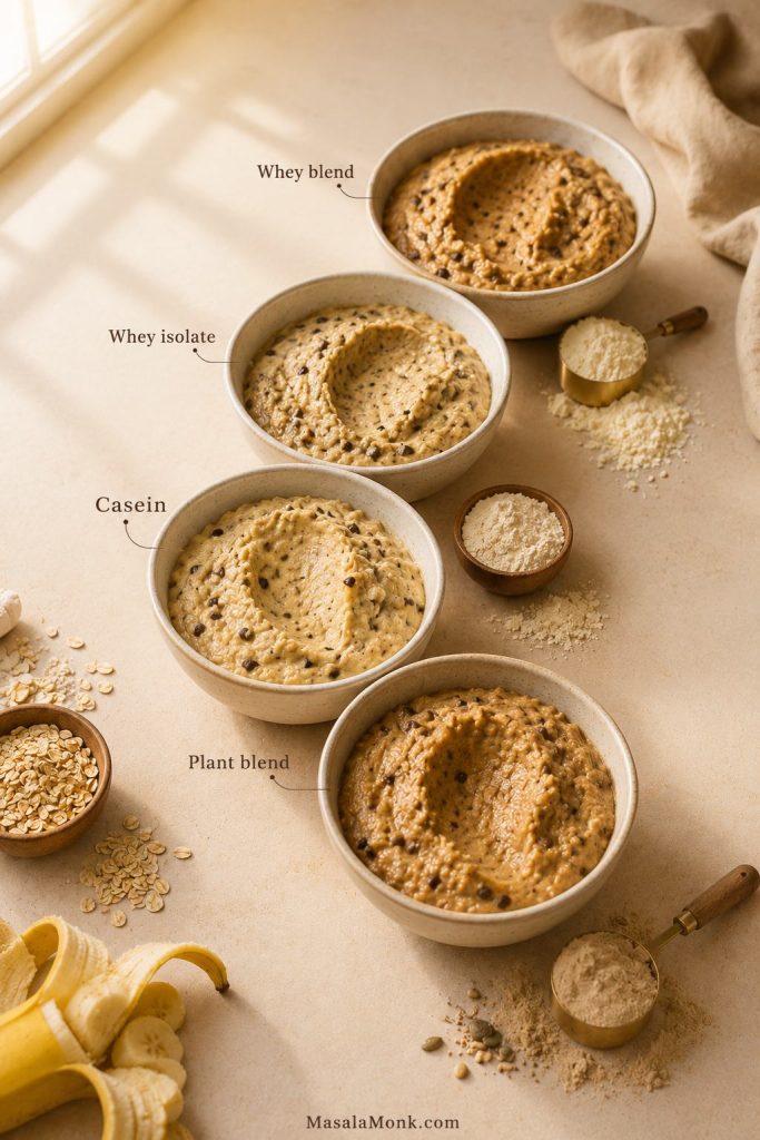 Four muffin batter bowls showing how whey, casein, and plant protein powders create different batter textures.