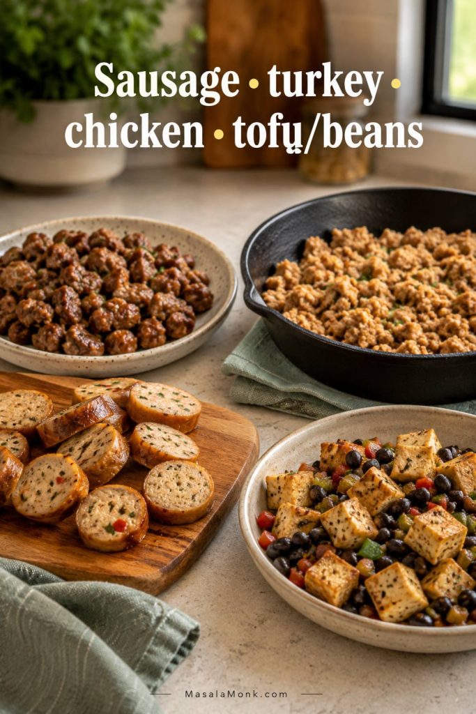 Cooked protein options for breakfast burritos, including sausage, turkey, chicken sausage, tofu, and beans.
