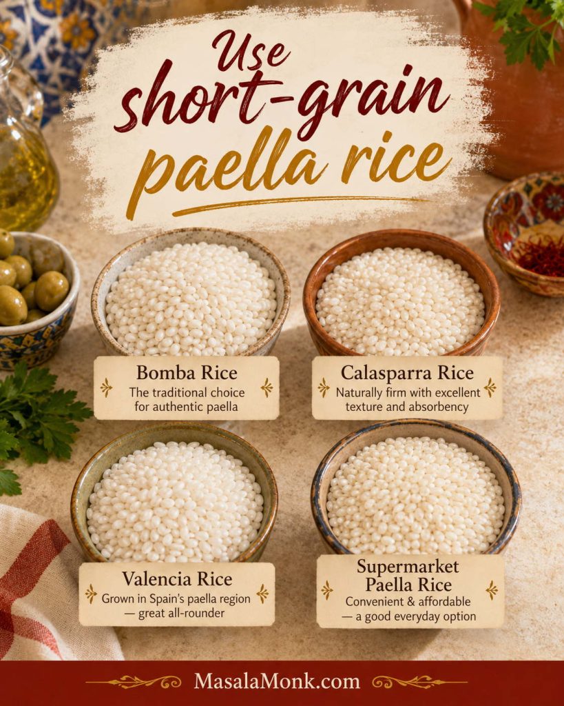 Bowls of short-grain paella rice options labeled Bomba, Calasparra, Valencia and supermarket paella rice.