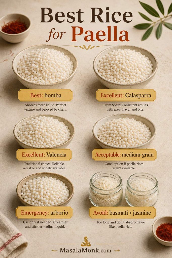 Rice guide showing bomba, Calasparra, Valencia, medium-grain, arborio, basmati, and jasmine rice options for paella.