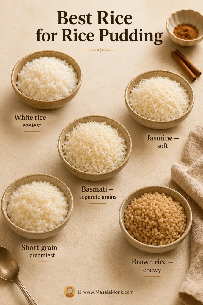 Bowls of cooked white rice, jasmine rice, basmati rice, short-grain rice, and brown rice for making rice pudding.