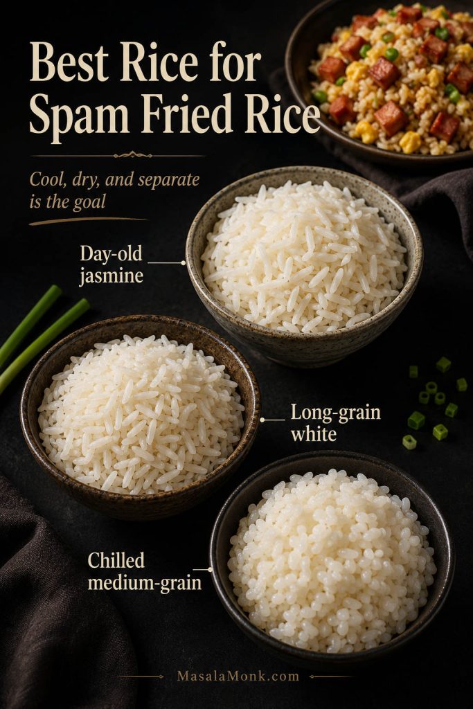 Three bowls of rice labeled day-old jasmine, long-grain white, and chilled medium-grain rice for making fried rice.