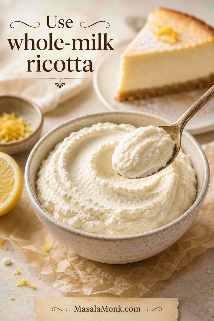 Thick whole-milk ricotta on a spoon with a ricotta cheesecake slice in the background